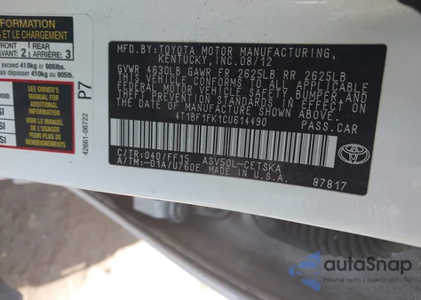 2012 Toyota Camry Se z USA, uszkodzony, nr VIN 4T1BF1FK1CU614490